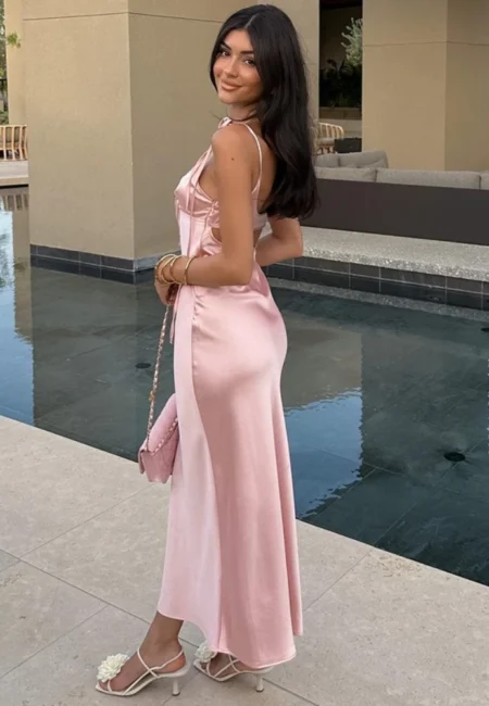 Summer New Fashionable V neck Tether Strap Dress Sleeveless Strap Holiday Long Back Skirt for Women