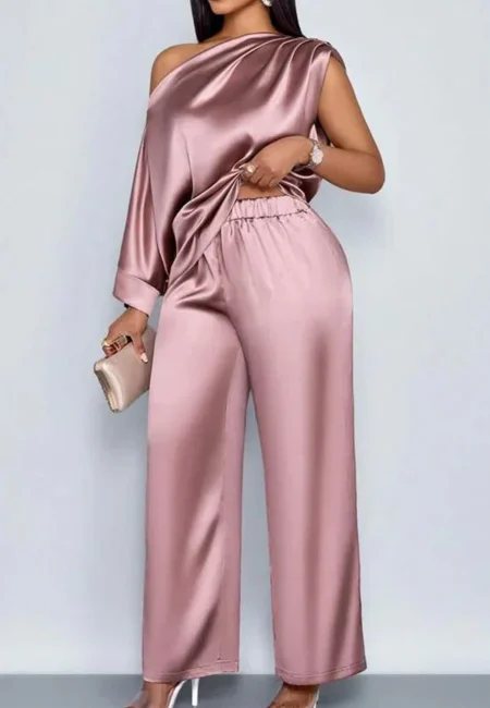 Satin Trousers Suit Summer Casual Women's Slope Neck Short sleeved Tops Wide leg Pants Two piece Set Women's Sports Suit