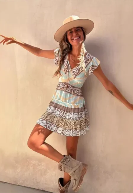 Printed A-Line Summer Dress with V-Neck and Flutter Sleeves