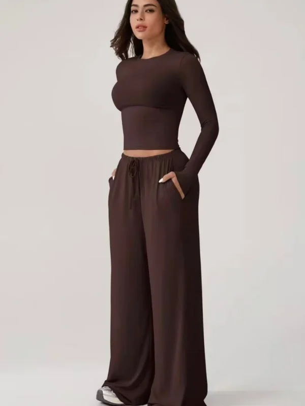 Spring and summer skin friendly stretchable knitted long sleeved T shirt fitting and top low waist wide leg trousers y