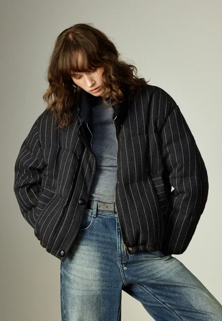 TOYOUTH Women Down Jackets Winter New Loose Puffer Style Striped High Intellectual Knitted Stand Collar 90% Down Outerwear