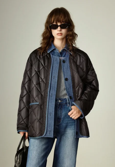 TOYOUTH Women's Cotton Coat Winter New Affordable Luxury Shimmer Corduroy Patchwork Vintage Argyle Round Collar Outerwear