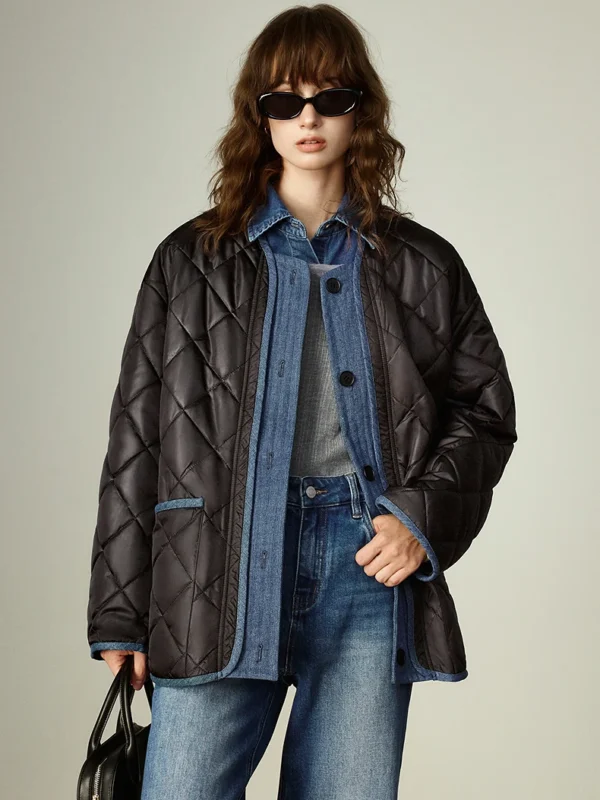 TOYOUTH Women's Cotton Coat Winter New Affordable Luxury Shimmer Corduroy Patchwork Vintage Argyle Round Collar Outerwear