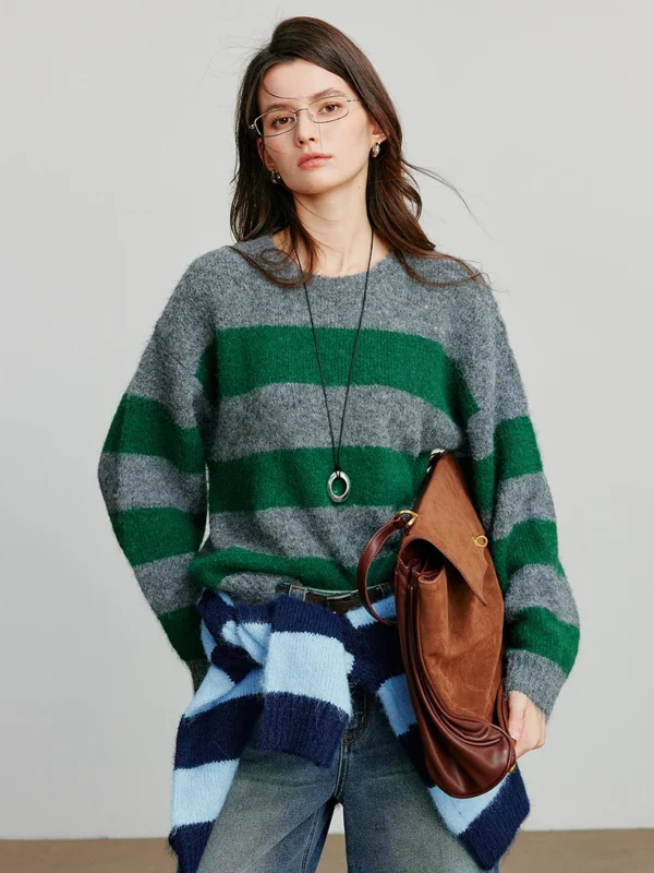 TOYOUTH Women Knitted Sweater Autumn New Retro Style Striped Long Sleeve Pullover Woolen Sweater Warm Tops