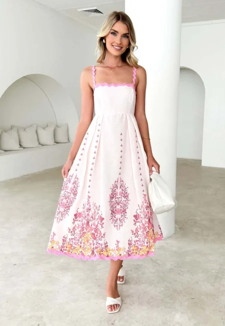 Women's Summer Fashion Printed Wave Skirt Bohemian Sleeveless Bareback Strap Long Vacation Beach Dress