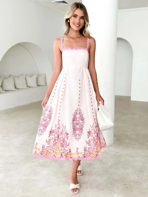 Moopsi 69 Women's Summer Fashion Printed Wave Skirt Bohemian Sleeveless Bareback Strap Long Vacation Beach Dress