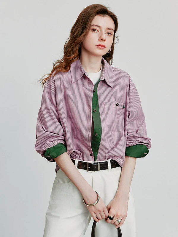 TOYOUTH Women Blouse Shirt Autumn New American Retro Pure Cotton Striped Contrasting Splicing Turn Down Collar Shirt Tops