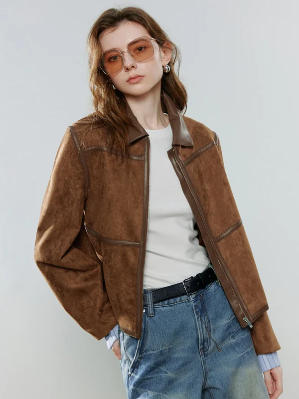 TOYOUTH Women Coffee Suede Jackets 2026 Spring New Leather Patchwork Amber Shimmer Coats