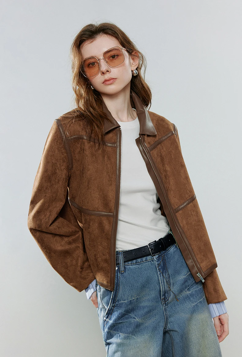 Kf-Sf47Cc5075Aa84693B757F3A2A6F33B12O Toyouth Women Coffee Suede Jackets 2026 Spring New Leather Patchwork Amber Shimmer Coats