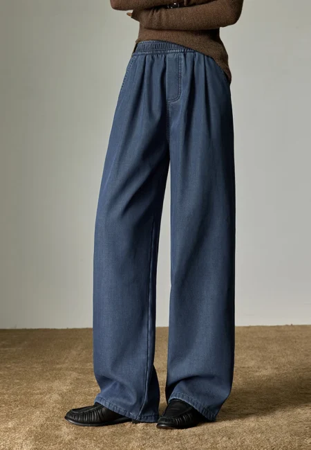 TOYOUTH Winter New Women's Lyocell Denim Like Pants, Fleece Lined Warm Loose Wide Leg Elastic Waist Casual Trousers