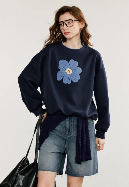 TOYOUTH Women Hoodies Sweatshirt Autumn New Green Velvet Flower Embroidered Round Neck Pullover Cotton Tops