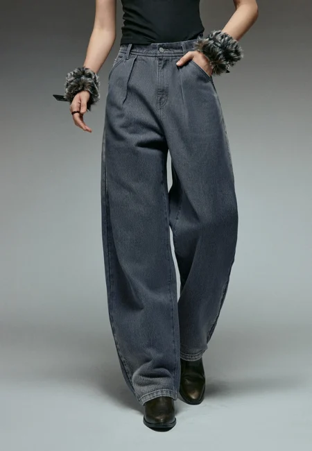 TOYOUTH Women Jeans Winter New Gray Banana Pants High Waisted Distressed Long Trousers