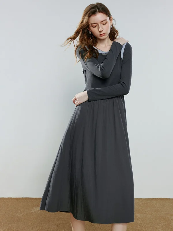 TOYOUTH Women Dresses 2026 Spring New Fake Two Piece Splicing Color Block Retro Midi Length Maxi Length Dress