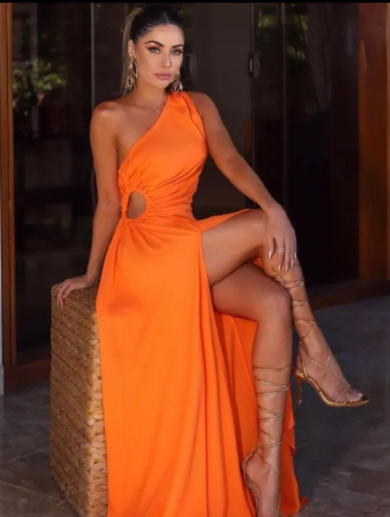 Orange024 Elegant One-Shoulder Maxi Dress With Trendy Split Design
