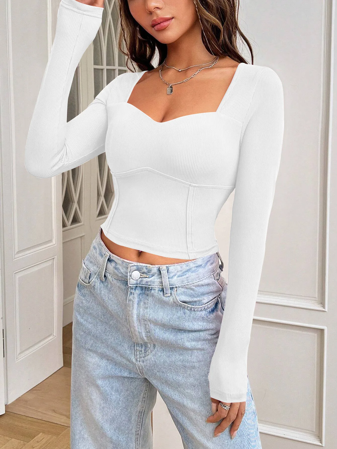 Red001 Fairyshely Autumn Winter Bodycon T Shirt Women Square Neck Crop Top Lady Long Sleeve White Club Short Tops Clothes