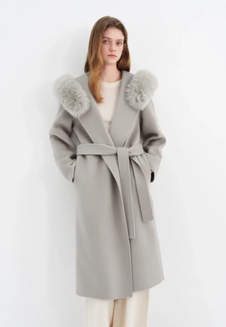 FSLE Winter Women's Fox Fur Hooded Double Faced Wool Coat Long Plush Outerwear Vintage Elegant Warm Wool Coat Soft Coat