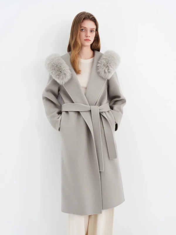 Hooded Wool Coat with Pocket Detail in Beige and Gray
