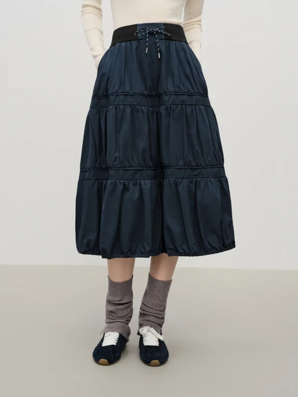 FSLE Washed Blue Patchwork Pleated Half Skirt Women's Winter New Arrival Drawstring Oversized Skirt 100% Cotton Skirts