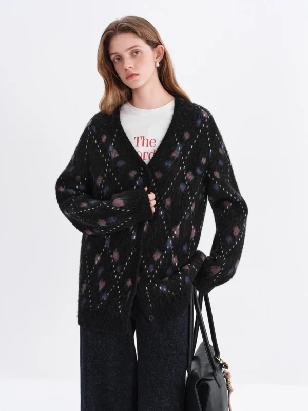 FSLE Elegant Vintage Wool Sweater Jacket with Diamond Patterned V Neck Winter New Arrival Collection Sweater Cardigans