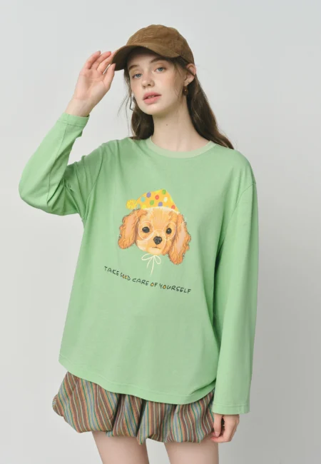 FSLE Lightweight Puppy Print Long Sleeve Women's Tee New Autumn Laid Back Loose Fit Relaxed Fit Top 25FS13167+25FS13133
