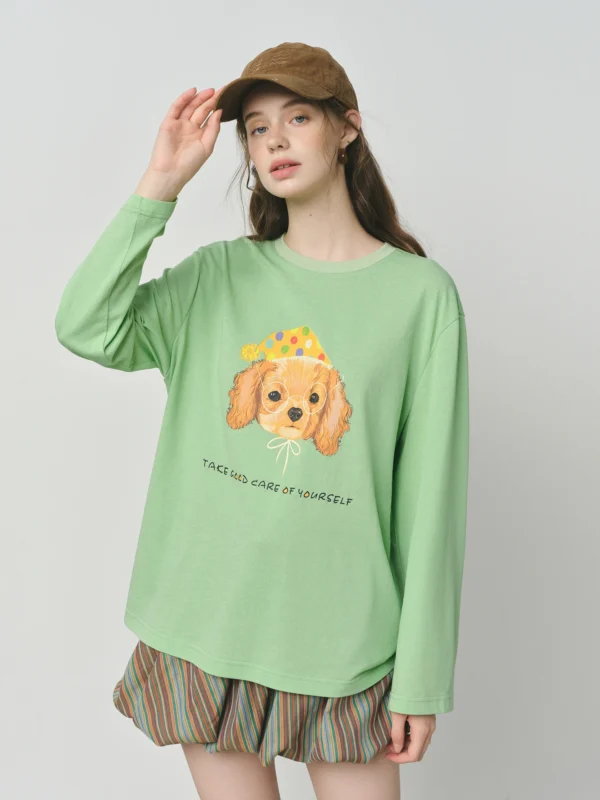 Lightweight Puppy Print Long Sleeve Tee - Casual Fit