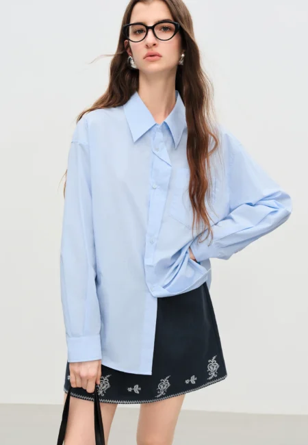 FSLE 【Premium Series】Women's Design Sensitive Turned Up 100% Cotton Long Sleeve Shirt Autumn New Arrival 25FE13035