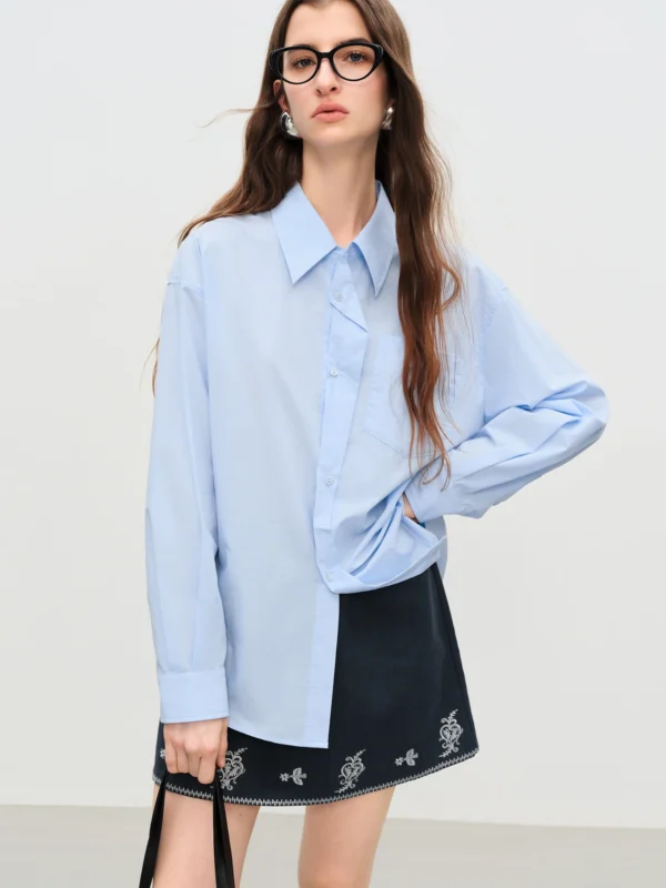 FSLE 【Premium Series】Women's Design Sensitive Turned Up 100% Cotton Long Sleeve Shirt Autumn New Arrival 25FE13035