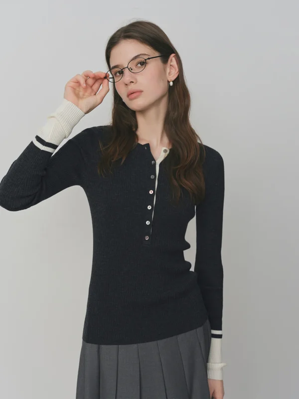 FSLE Wool Simple Temperament Contrast Color Henry Collar Sweater Autumn New Style Inner Wear 25FS13063
