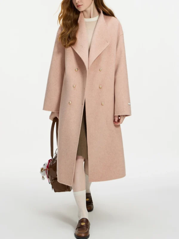 FSLE Wool 100% Double Breasted Stand Up Collar Double sided Woolen Coat for Women's Autumn Winter New Woolen Coat