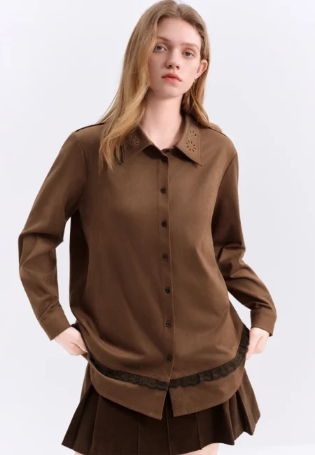 FSLE Vintage Suede Stylish Turned Collar Women's Blazer Cut Out Embroidery Fall Winter New Arrival chic Winter Shirts Coats