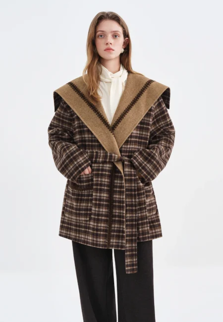 FSLE Winter Women's Reversible Tartan Pattern Wool Blend Coat with Embroidery Bohemian Style Two Way Wear Long Overcoat