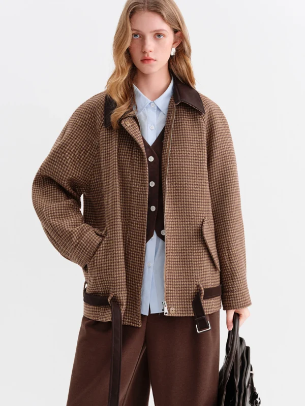 Color Block Houndstooth Short Jacket With Turn-Down Collar 2 Fsle Winter Women'S Color Block Houndstooth Short Jacket Lapel Collar Raglan Sleeve Crop Outerwear For Casual Style