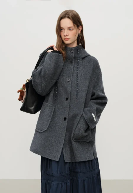 Rene College Style Age reducing Hooded Double faced Wool Coat for Women Mid length Wool Coat Pockets Gray Girlish