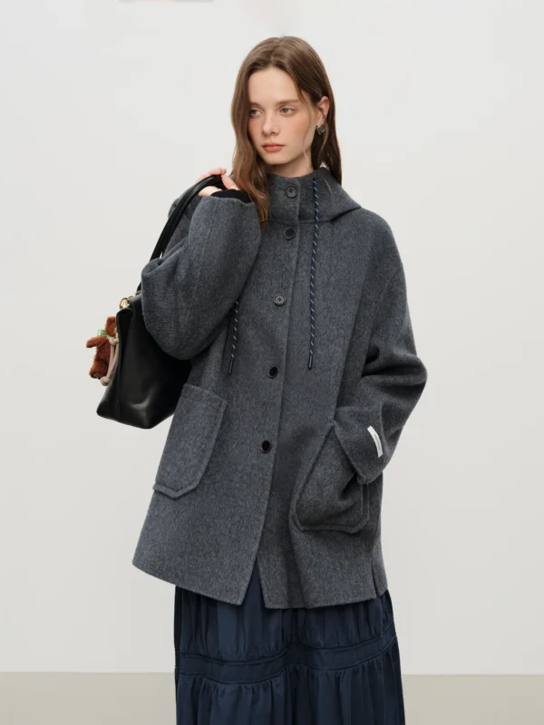 Gray Hooded Wool Coat with Pockets for Women