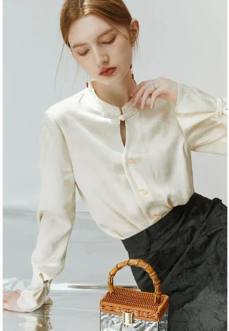 FSLE New Chinese Style Acetic Acid Button down Shirt Women Autumn Standing collar Landscape Painting Printing Female Top