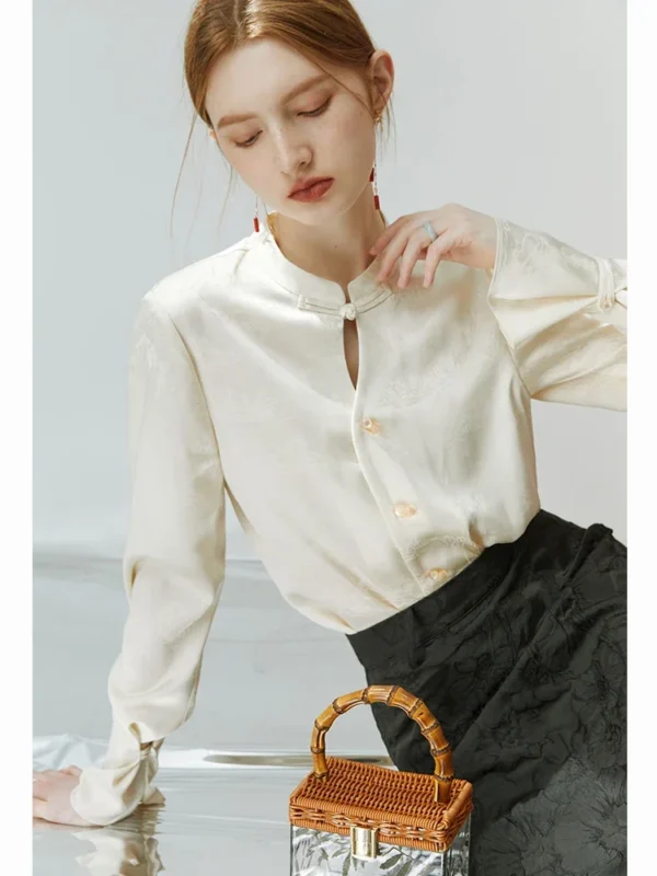 FSLE New Chinese Style Acetic Acid Button down Shirt Women Autumn Standing collar Landscape Painting Printing Female Top