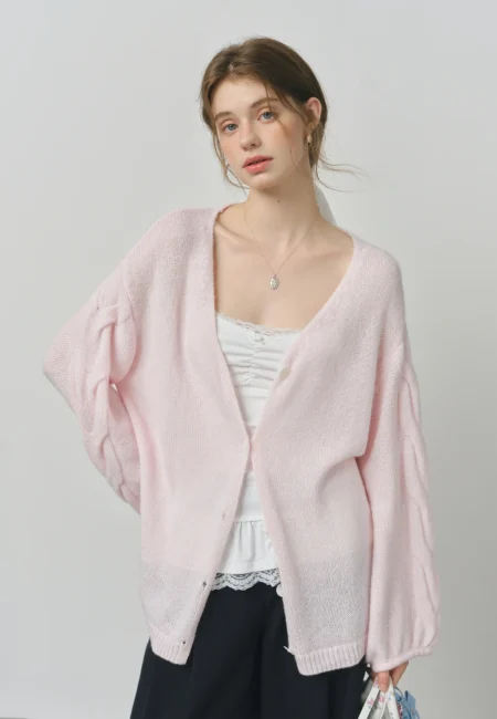 FSLE Alpaca Wool Loose Lazy Cable Knitted V neck Cardigan Jacket Women's Autumn New 25FS13113