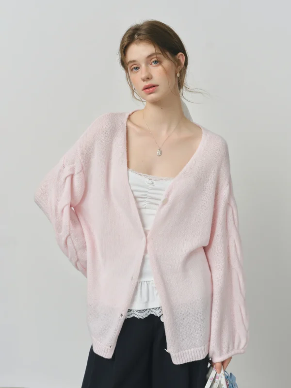 FSLE Alpaca Wool Loose Lazy Cable Knitted V neck Cardigan Jacket Women's Autumn New 25FS13113