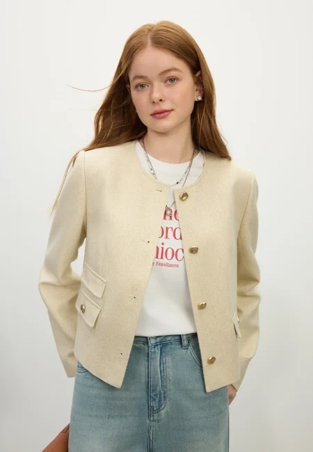 FSLE Women Spring Tweed Jackets Tempermanet Female Short Front Shoulder Coats Office Lady Beige Coats 25FS11348