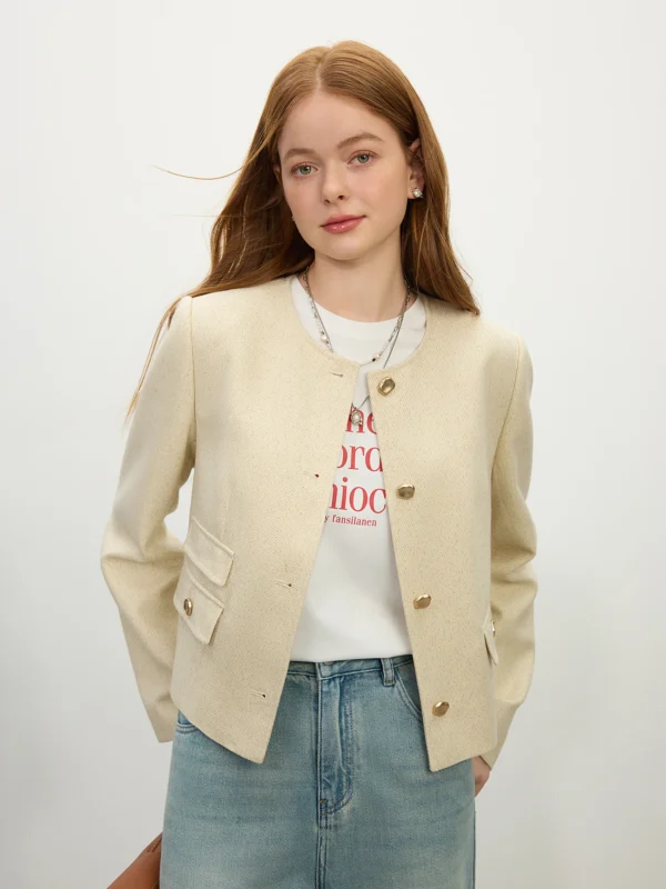 Fsle Women Spring Tweed Jackets Tempermanet Female Short Front Shoulder Coats Office Lady Beige Coats 25Fs11348