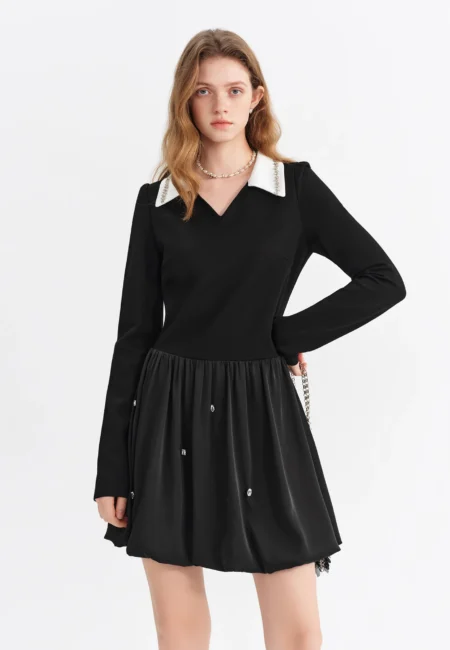 FSLE Beaded French style Mini Black Dress for Women Long Sleeve V neck 2026 Early Spring New Style Elegant Annual Party Dress