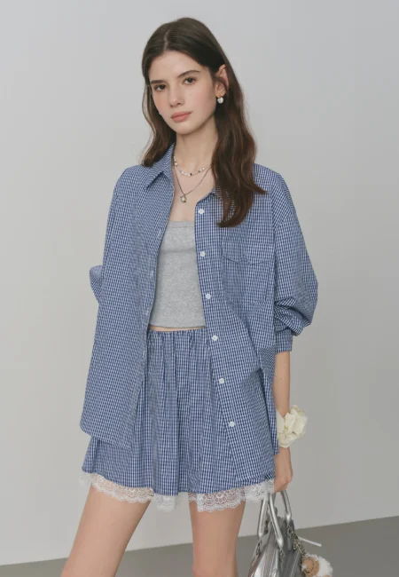 Billy Blue Plaid Lace Trim Long Sleeve Shirt Skirt Set
