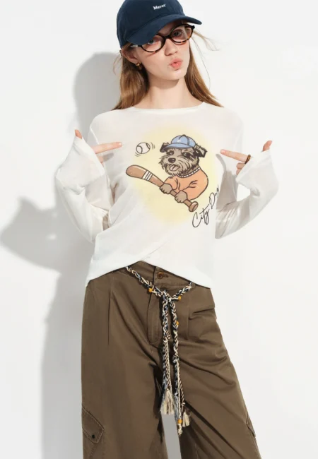 FSLE 2026 Spring New Fit Basics Semi Sheer Long Sleeve T Shirt | Fun Original Baseball Puppy Print Casual Top