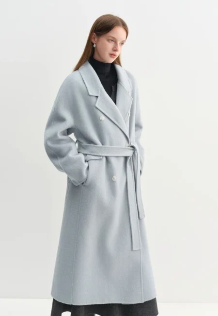 FSLE Cashmere Double breasted Collar Woolen Coat Women Winter Commuting Light Blue Casual Loose Lazy Simple Coat