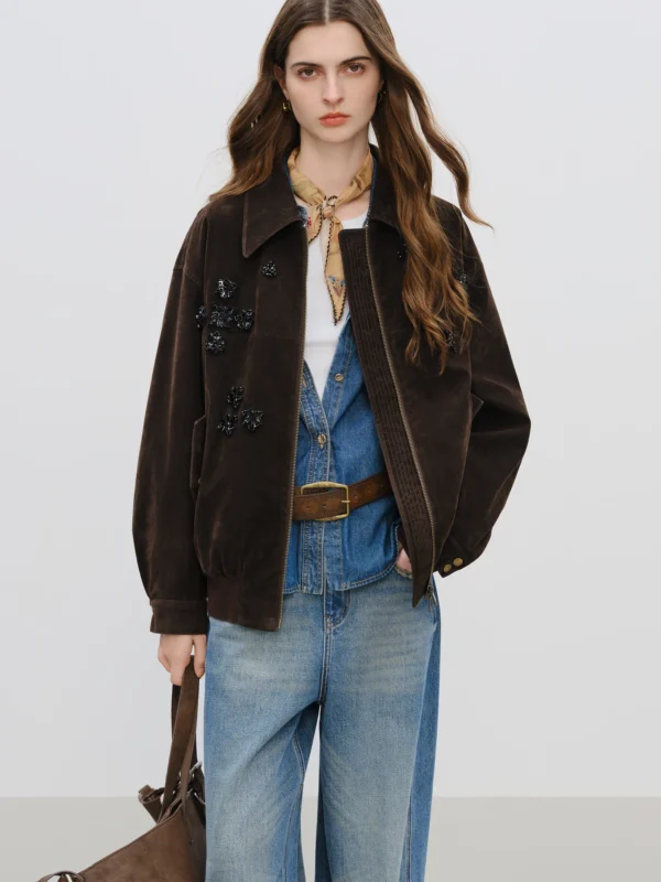 Sissy Beaded Faux Suede Luxury Jacket With Pearl Embroidery