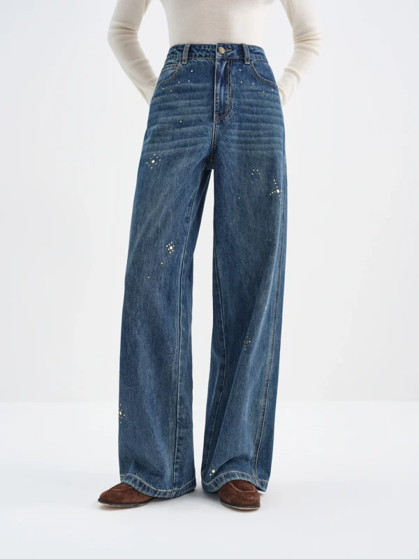 Retro Diamond Washed Wide Leg Jeans in Blue