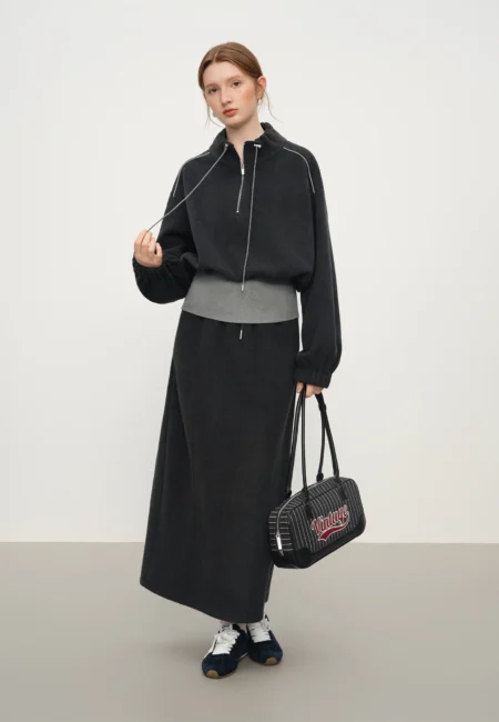 FSLE Vintage Relaxed Color Block Turtleneck Jacket Straight Skirt Set for Women Winter New Arrivals Skirts Hoodie Sets