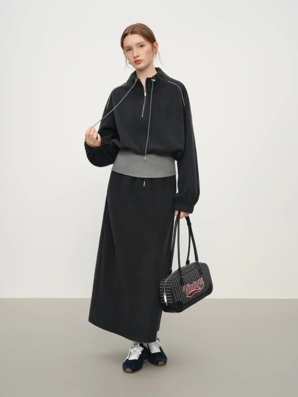 Vintage Relaxed Color Block Turtleneck Jacket and Straight Skirt Set