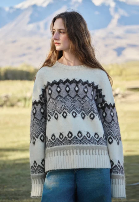 FSLE Winter Women's Floral Pattern Mohair Blend Knit Sweater Elegant Jacquard Design Loose Fit Pullover for Casual