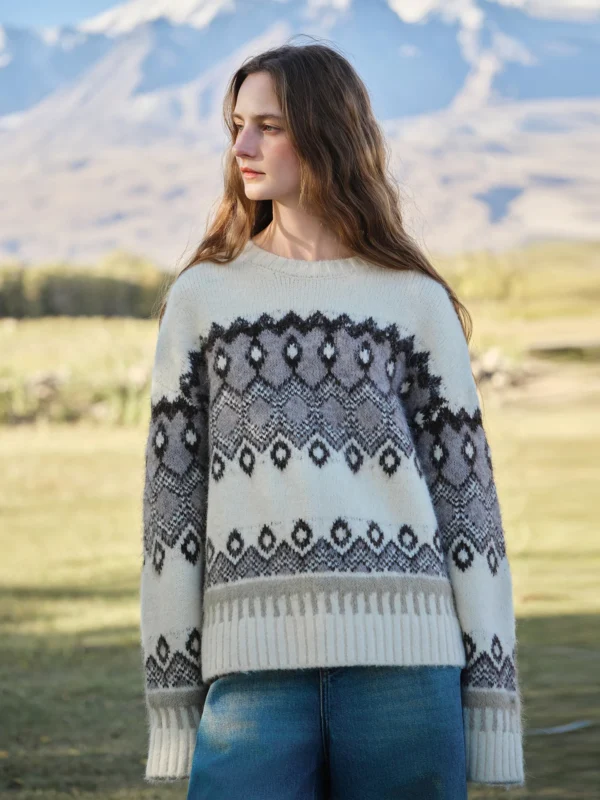 FSLE Winter Women's Floral Pattern Mohair Blend Knit Sweater Elegant Jacquard Design Loose Fit Pullover for Casual